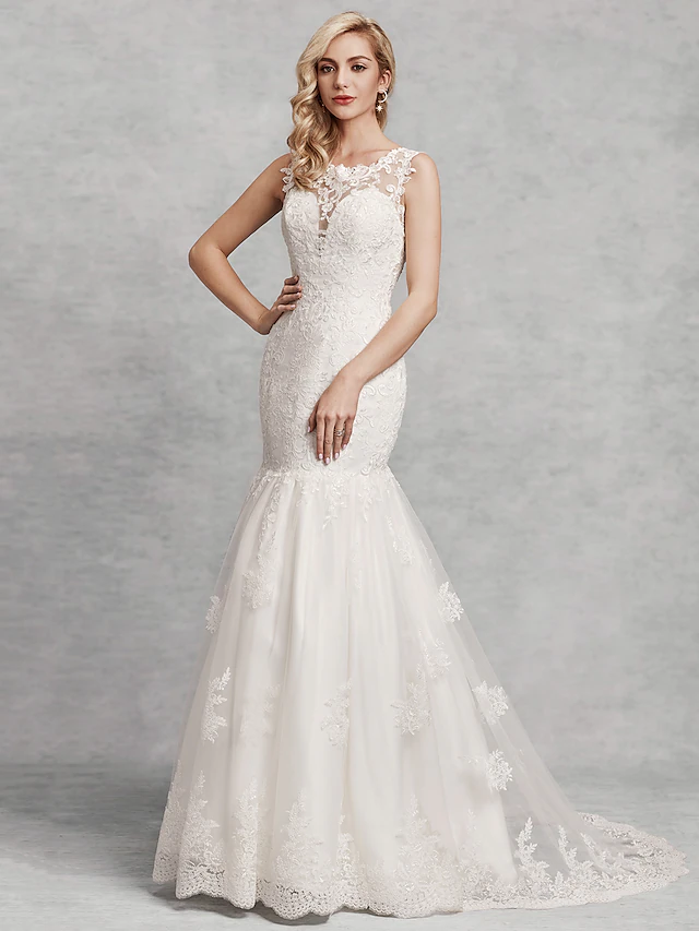 Luolandi Wedding Dresses Scoop Neck Court Train Lace Satin Tulle Regular Straps Beautiful Back with Lace